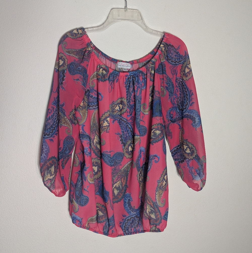 Women's Peasant Top Shirt Blouse Hot Pink‎ Paisley Multicolor Sheer Resort Large